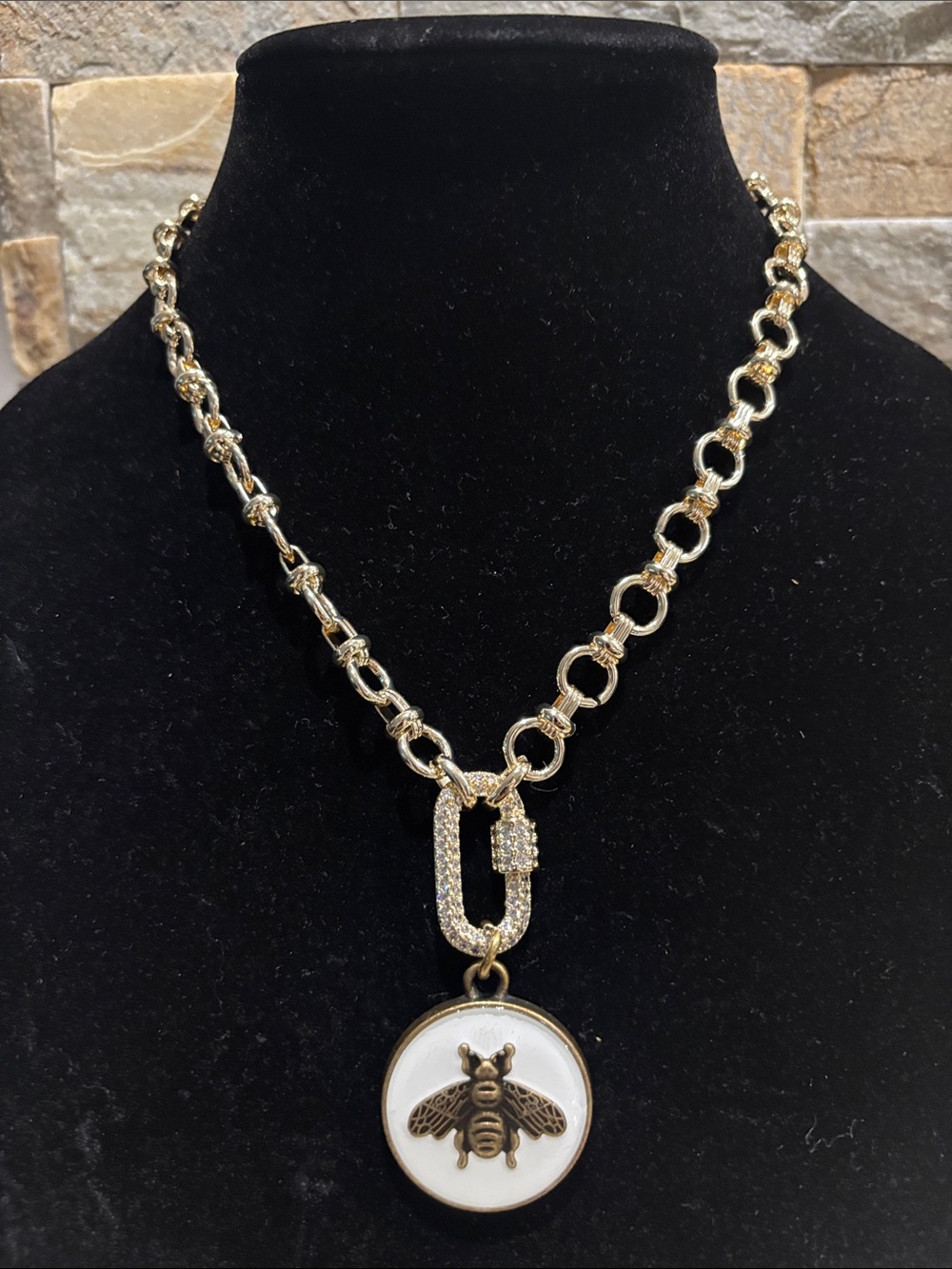 Gold-Tone Gucci Bee Pendant Necklace with White Enamel Pendant